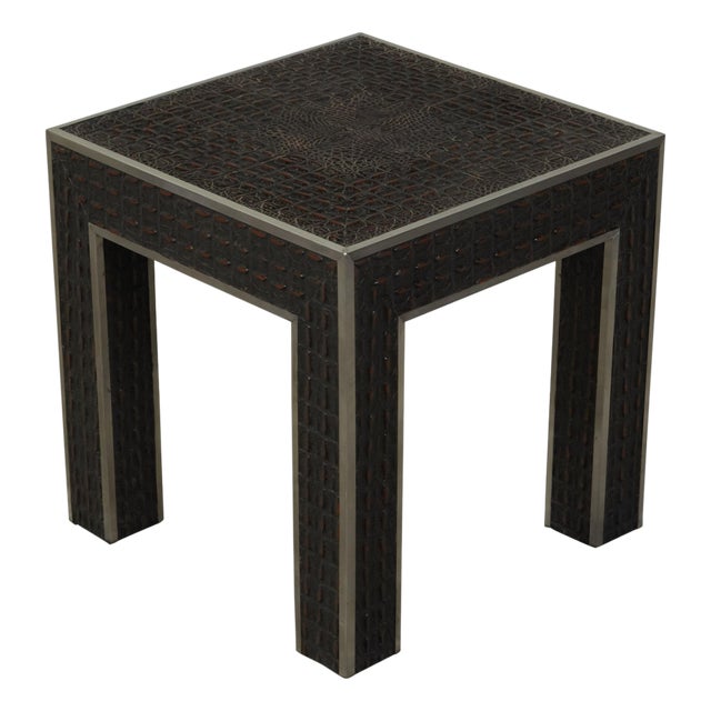 Vintage Italian Midcentury Faux Alligator Side Table with Metal Accents For Sale