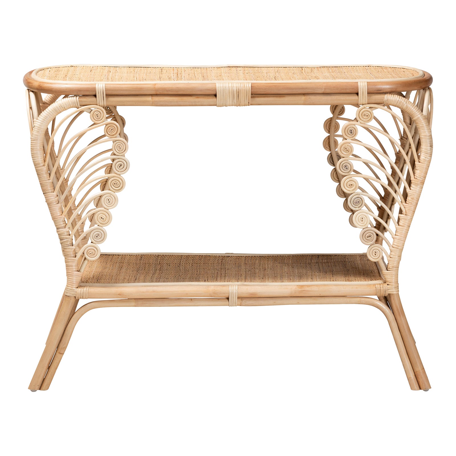 Modern Bohemian Natural Brown Rattan 2-Tier Console Table | Chairish