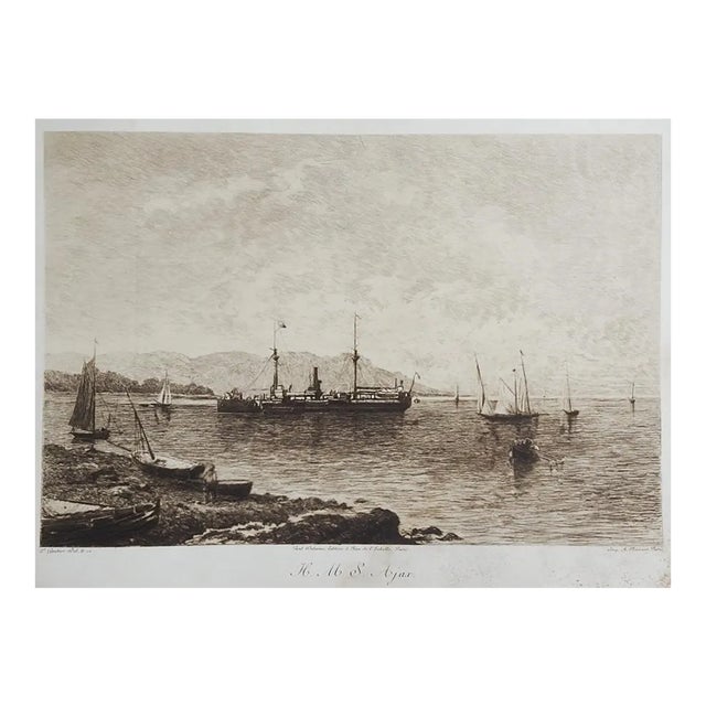 Early 20th Century HMS Ajax Battleship Distressed Etching For Sale