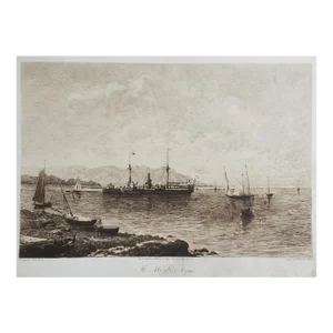 Early 20th Century HMS Ajax Battleship Distressed Etching