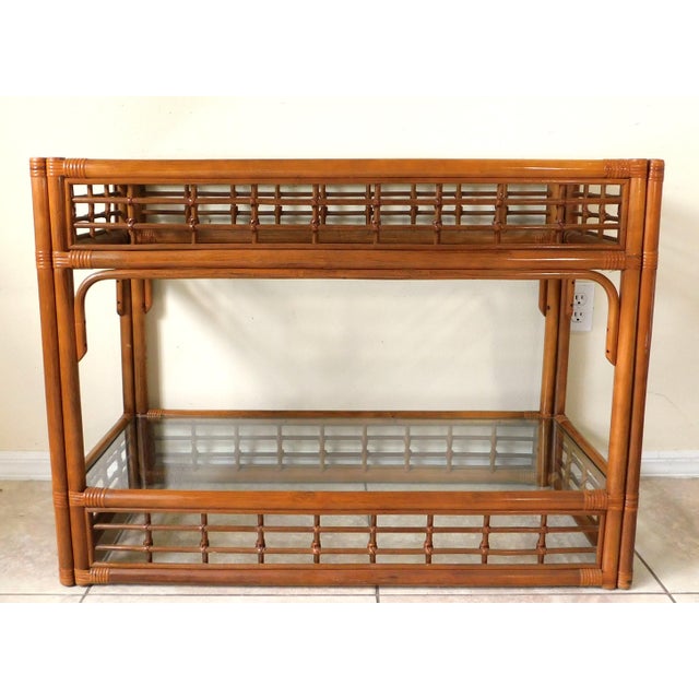 Beautiful vintage mid-century rattan, bamboo, and wicker sofa table with glass top. Just Gorgeous! Circa 1970s/1980s....