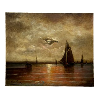 DeLaLieux Seascape Depicting Sailboats and Sunset For Sale