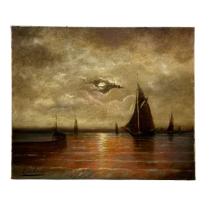 DeLaLieux Seascape Depicting Sailboats and Sunset