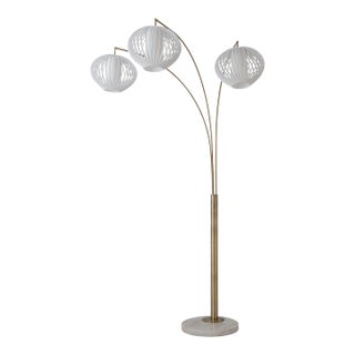 Bloom 3-Light Arc Floor Lamp - Weathered Brass, White Marble Base, White Satin Shade, Dimmer Switch For Sale