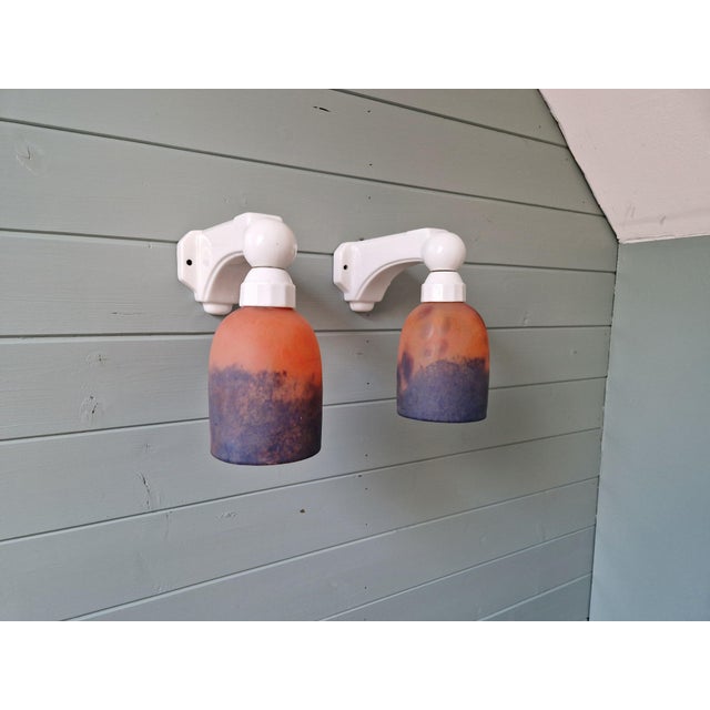 Orange Art Deco Wall Sconces in Porcelain and Multicoloured Satin Glass, 1930s, Set of 2 For Sale - Image 8 of 18