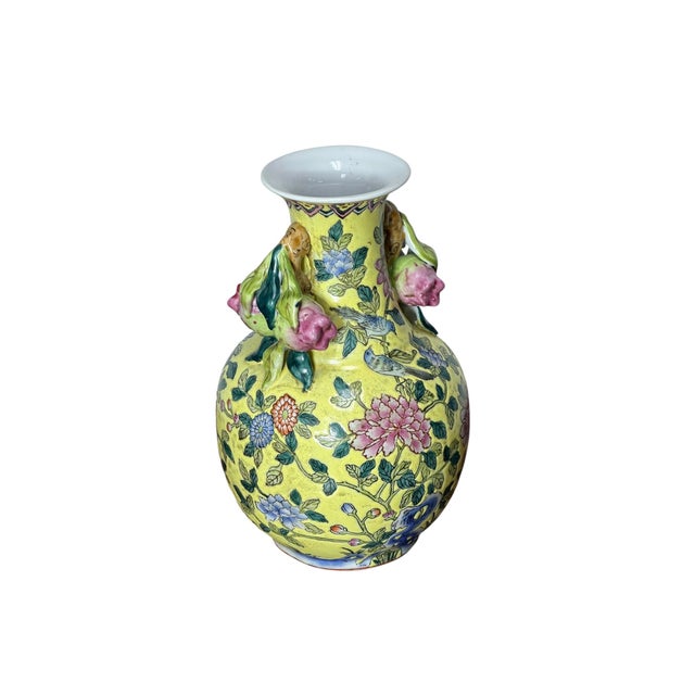 Chinoiserie Vintage Yellow Porcelain Vase With Flower Bud Handles For Sale - Image 3 of 6