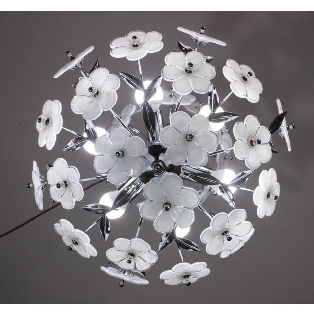 Metal Murano Chandelier in White Flowers, Bath Silver, 1980s For Sale - Image 7 of 12