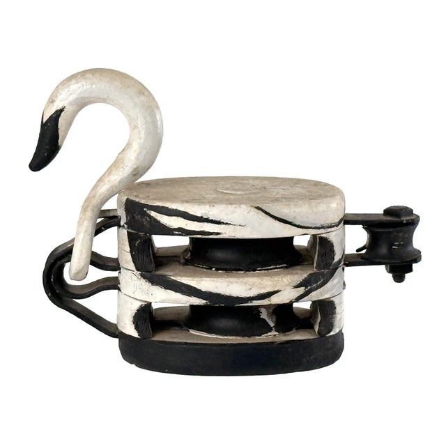 American Vintage 1950s Folk Art Swan Painted Black & White Industrial Starline Wood Pulley For Sale - Image 3 of 11