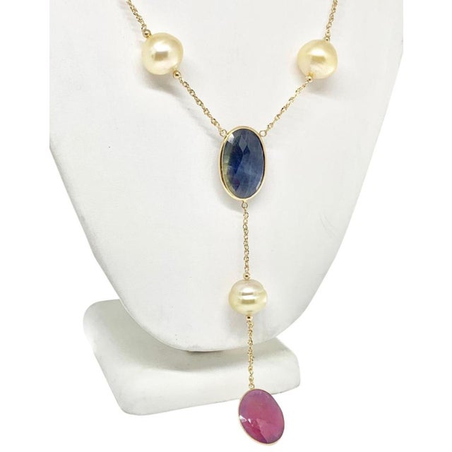 Italian South Sea Pearl Ruby Sapphire Necklace 14k Gold Certified For Sale - Image 3 of 8