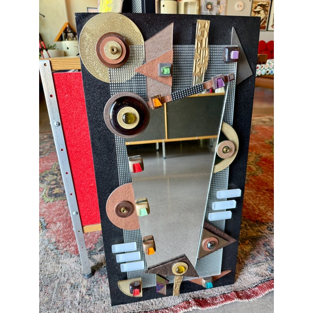 Postmodern Mixed Media Studio Glass Mirror Asymmetrical Memphis Style Geometric Brutalist Wall Sculpture For Sale - Image 15 of 18
