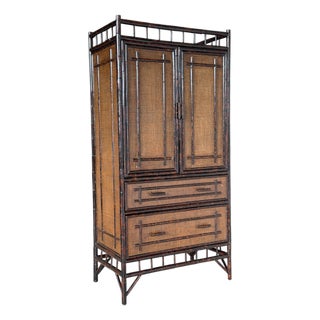 Vintage British Colonial Faux Bamboo and Grasscloth Armoire Cabinet With Drawers For Sale