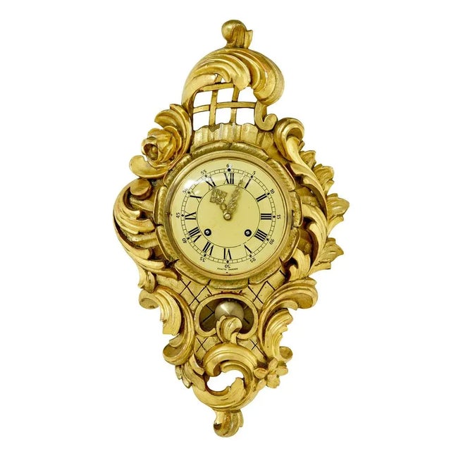 Rococo Swedish Rococo Revival Carved Gilt Wall Clock, 1950s For Sale - Image 3 of 6