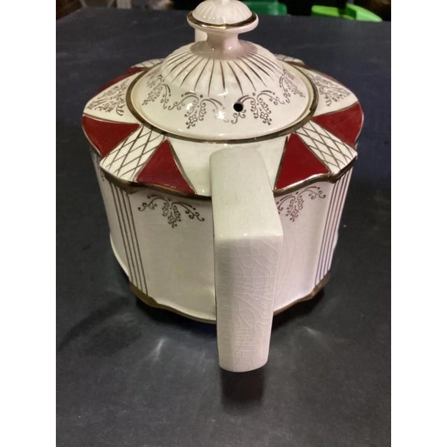 Art Deco Vintage Sadler England Teapot Red & Gold Floral Pattern Crazed Finish For Sale - Image 3 of 12