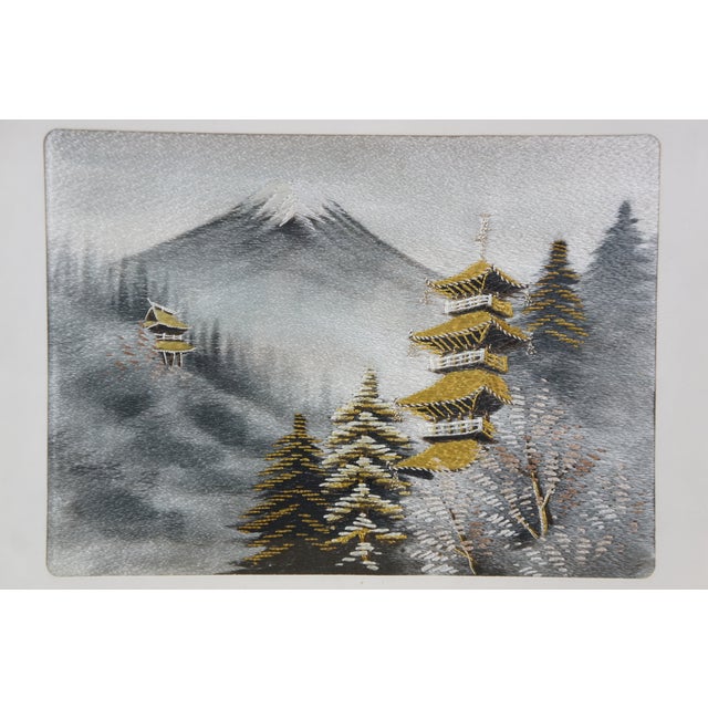 Late 20th Century Japanese Mt Fuji With Pagoda Crewel Embroidered Mountain Landscape 16" For Sale - Image 6 of 10