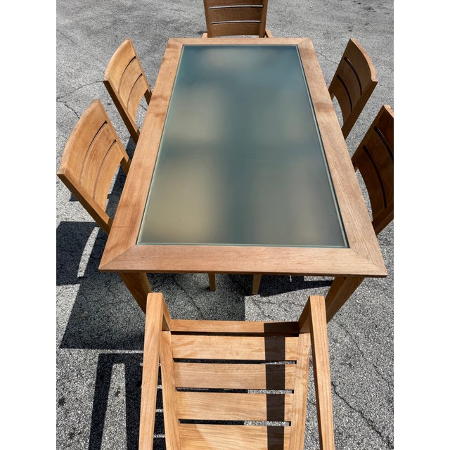 1990s Brown Jordan Mission Teak & Frosted Glass Outdoor Dining Set - 7 Pieces For Sale - Image 9 of 10