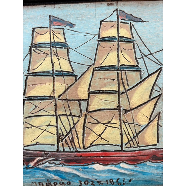 Vintage Folk Art Ship Painting on Carved Wooden Panel For Sale - Image 4 of 5