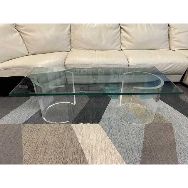 1950s Mid Century Modern Curved Lucite Double Pedestal Glass Coffee Table For Sale In West Palm - Image 6 of 6