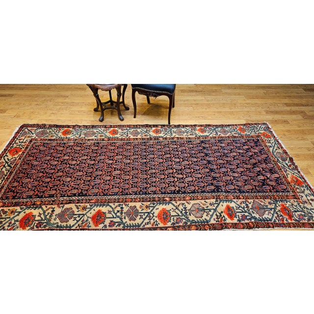 Textile 19th Century Persian Kurdish Gallery Rug, Hand-Knotted Wool, All-Over Paisley & Poppy Pattern, Navy & Ivory, 5x10 For Sale - Image 7 of 18