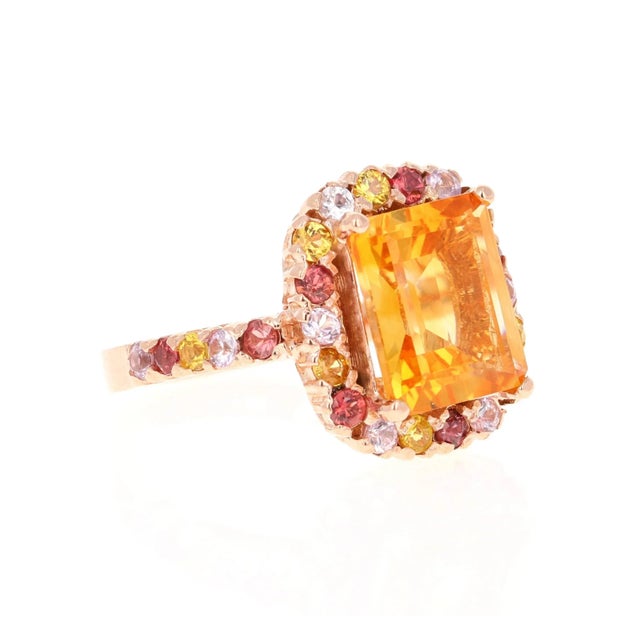5.29 Carat Emerald Cut Citrine Sapphire Rose Gold Ring This gorgeous ring has a beautiful Emerald Cut Citrine Quartz...