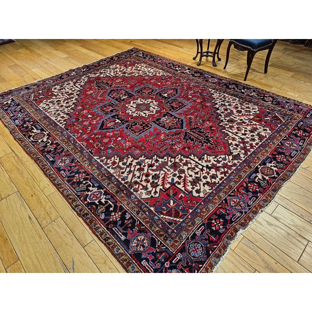 Vintage Persian Heriz Rug, Hand-Knotted Wool, Geometric Medallion Pattern, Red & Navy, 8x11 For Sale In Chicago - Image 6 of 10