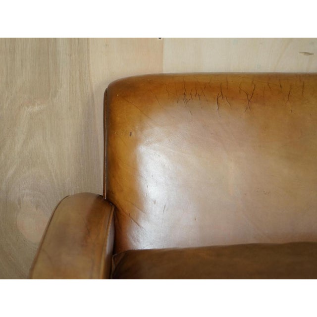 Art Deco Hand Dyed Brown Leather Three Seat Sofa with Feather Filled Seat in the style of Odeon For Sale - Image 4 of 18