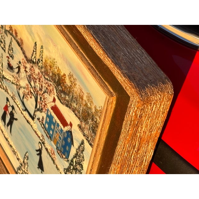 Gold A Romantic Day at the Pond - Early 20th C. Original Oil on Canvas Winter Skating Scene For Sale - Image 8 of 9