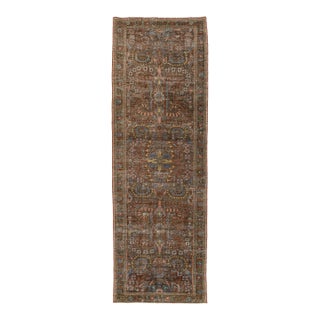 Antique Mahal Runner Rug – Distressed Terracotta & Muted Blue Wool For Sale