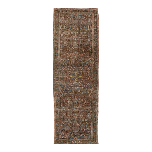 Antique Mahal Runner Rug – Distressed Terracotta & Muted Blue Wool For Sale