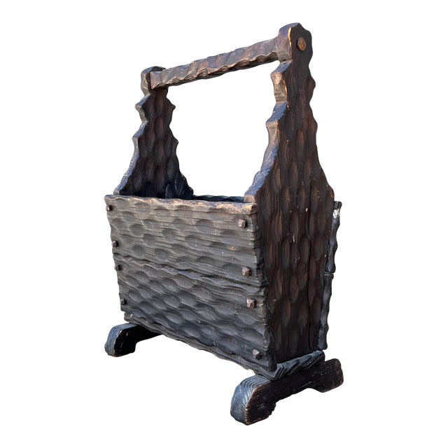 Vintage Carved Pine Wood Basket For Sale