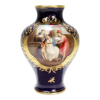 Antique Dresden Porcelain Cobalt Blue Cabinet Vase Painted With Cupid & Venus For Sale