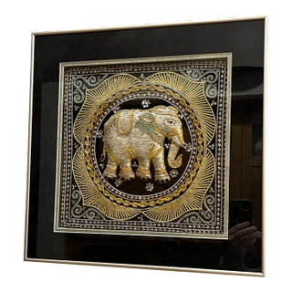 Late 20th Century Framed Beaded Embroidered Elephant Padded Tapestry Indian Wall Art For Sale