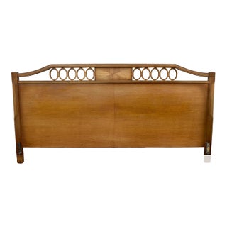 Vintage MCM Hollywood Regency King Headboard Wood Walnut Geometric Circles 60's For Sale