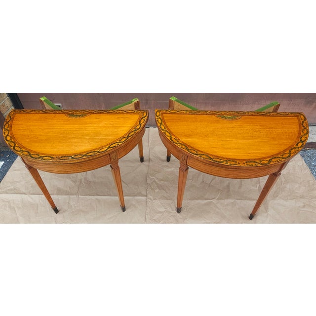 Tan Late 18th Century Pair of George III Floral Wreath Painted Crossbanded Satinwood Demilune Card Tables For Sale - Image 8 of 18