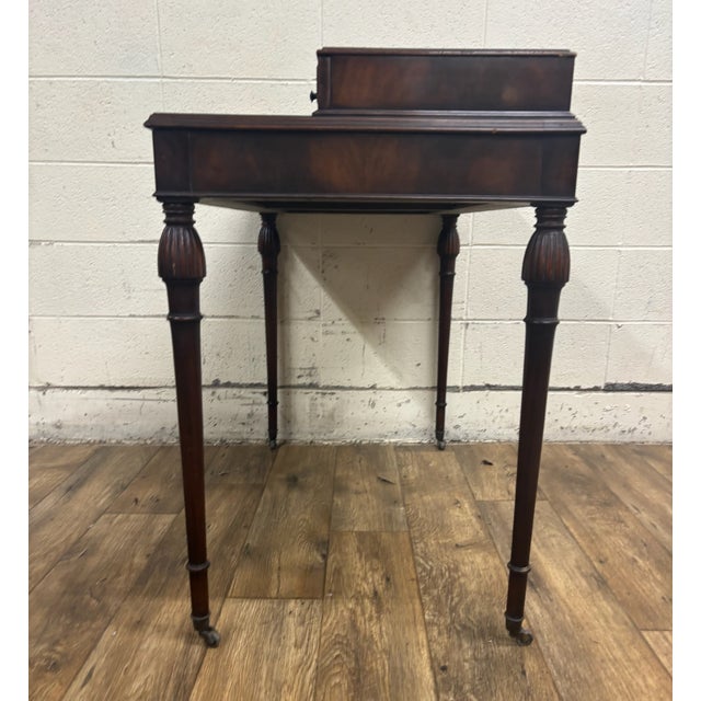 Wood Vintage Georgian Style Office Library Writing Desk With Tooled Green Leather For Sale - Image 7 of 8