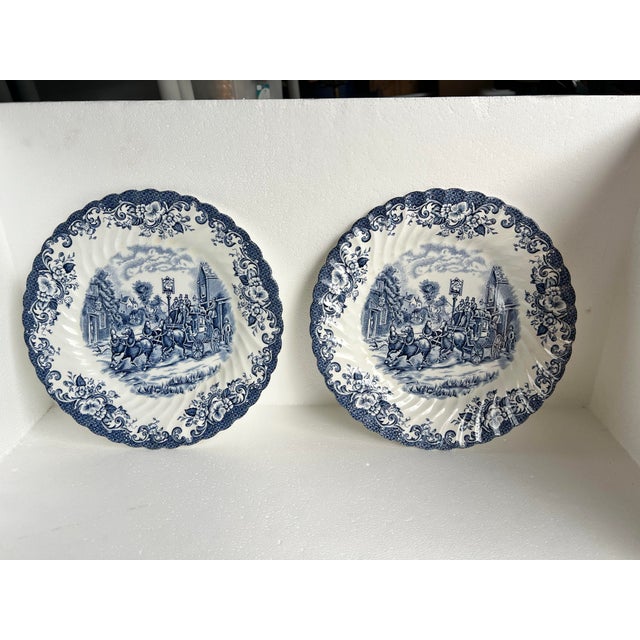 Johnson Brothers Vintage Johnson Brothers Blue & White "Coaching Scenes" 9.5" Dinner Plates - Set of 2 For Sale - Image 4 of 8