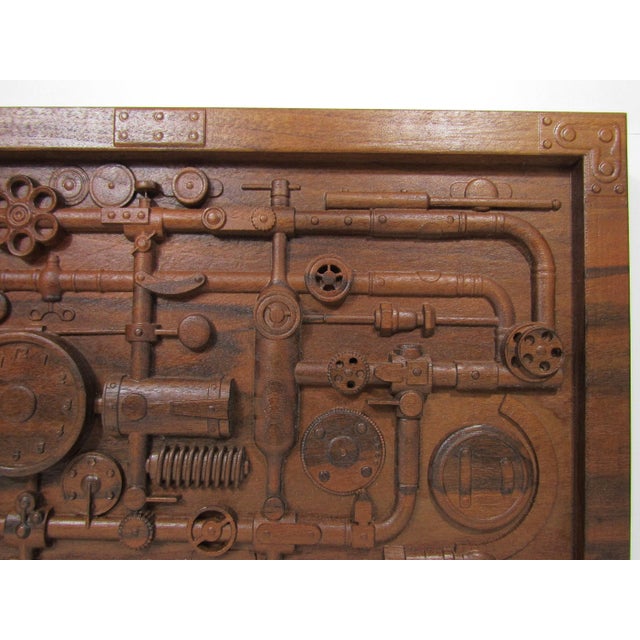 Industrial Steampunk Industrial Pipes & Gears Carved Wood Relief Wall Panel 20"x12" For Sale - Image 3 of 10