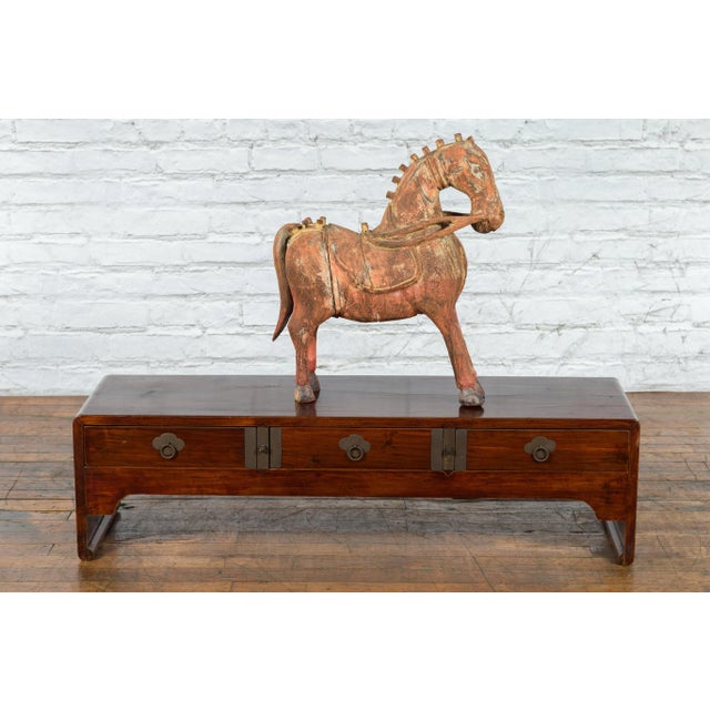 Late Qing Dynasty Chinese Low Kang Waterfall Table with Drawers and Brass Plates For Sale - Image 4 of 13