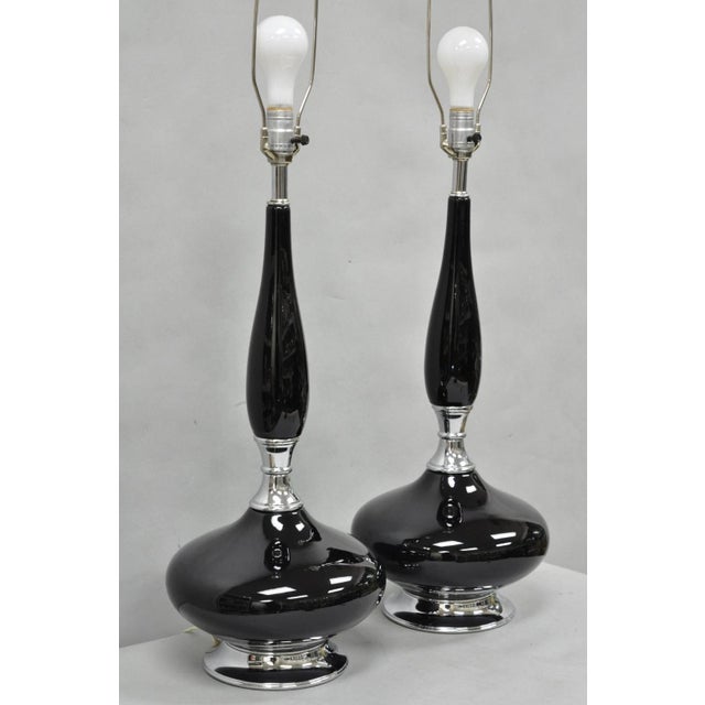 Vintage Mid Century Modern Black Glazed Ceramic & Chrome Table Lamps - A Pair For Sale - Image 11 of 12