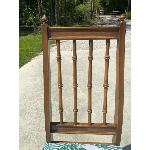 1970s Mid-Century Boho Faux Bamboo Walnut Dining Chairs With Tropical Palm and Monstera Print- Set of 4 For Sale - Image 5 of 10