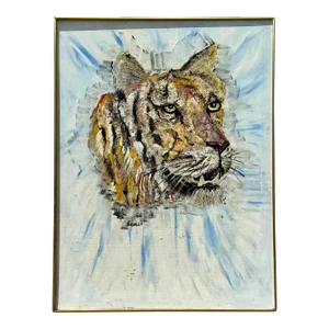 Vintage Boho Original Oil Painting of Tiger