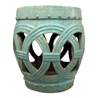 Vintage Turquoise Openwork Ceramic Garden Stool For Sale