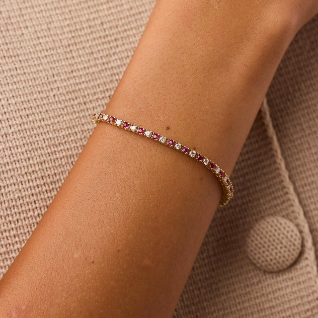 1980s Vintage Ruby Diamond 14k Yellow Gold Tennis Bracelet For Sale - Image 5 of 6
