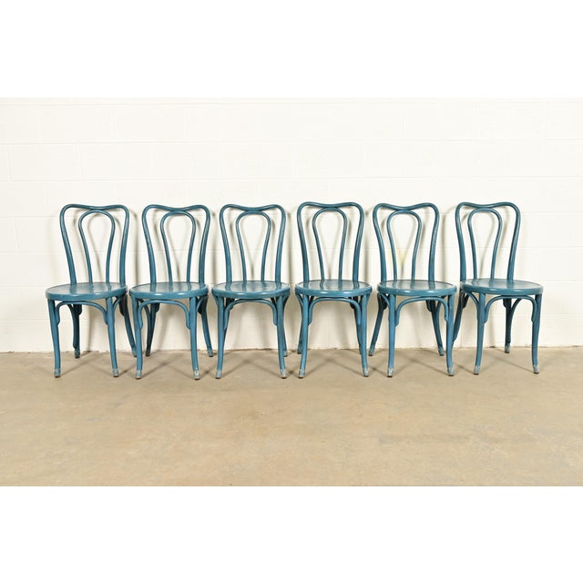 A beautiful set of six antique teal lacquered bentwood bistro chairs or dining chairs In the manner of Thonet By Jacob &...