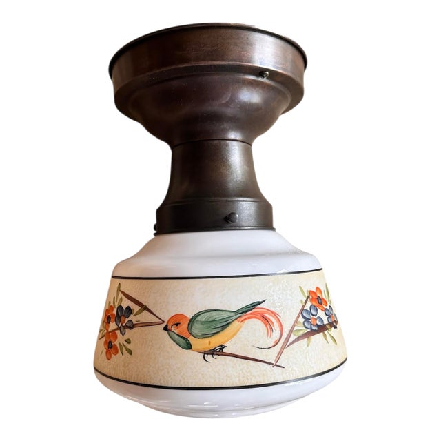 Painted Bird on Flowers Flush Mount Fixture on Original Brass Holder, Circa 1920 For Sale