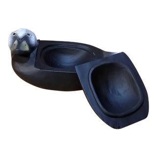 Vintage Painted Artisan Solid Wood Carved Duck Trinket Box For Sale