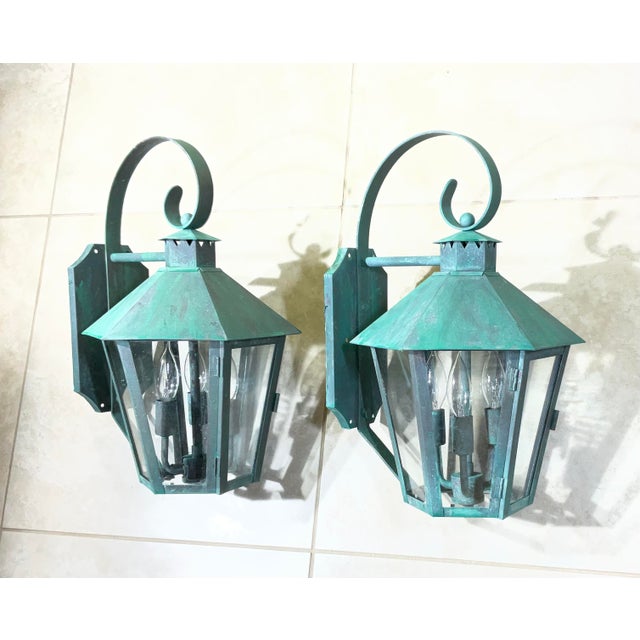 Vintage Solid Copper & Brass Outdoor Lantern Sconces / 18”h X 11”w X 12”d For Sale - Image 9 of 18