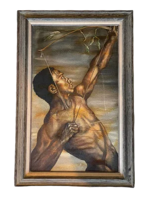 Late 19th Century "The Original Man" Art Deco Style Figurative Oil Painting, Framed