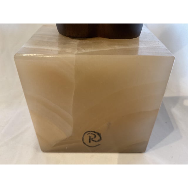 1970s Hand-carved teak sculpture on alabaster base For Sale - Image 5 of 7
