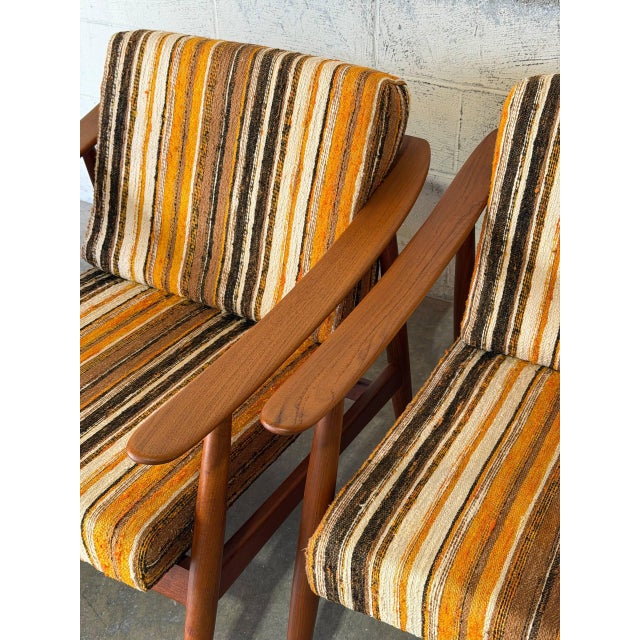 Solid Teak Lounge Armchairs in Style of Folke Ohlsson Set of 3 Striped Upholstery Danish Mid-Century Modern 1960s For Sale - Image 11 of 12