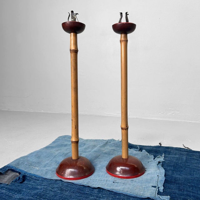 Japanese Candlesticks in Lacquer and Bamboo, 1920s, Set of 2 For Sale - Image 10 of 14